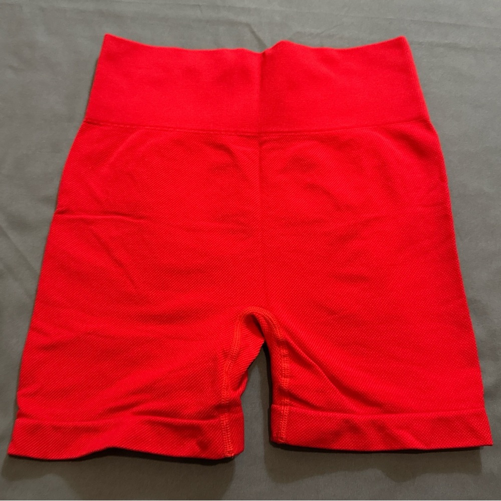 Red high rise biker shorts with scrunch in back